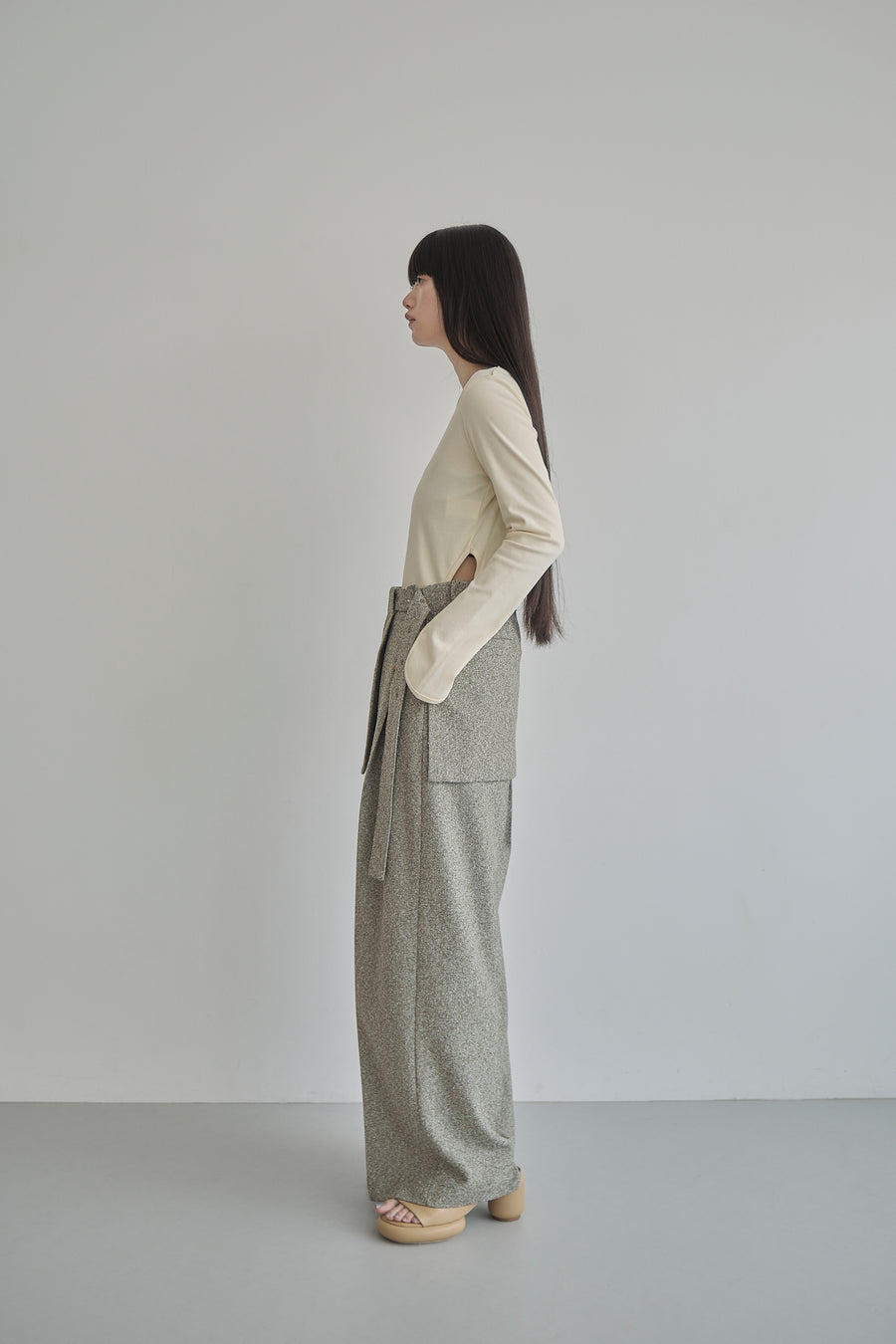 Belt Skirt Layered Nep Tuck Pants