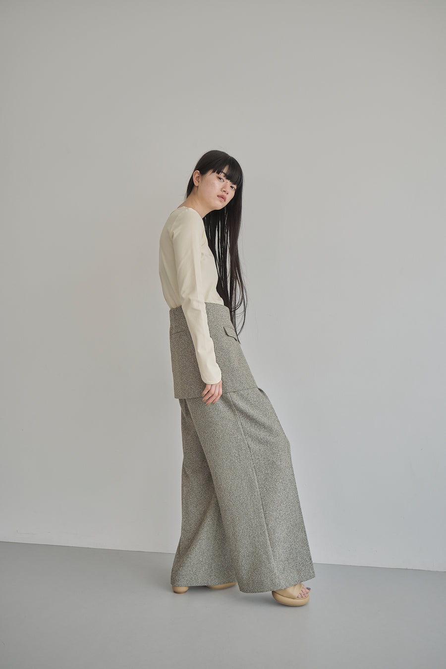 Belt Skirt Layered Nep Tuck Pants