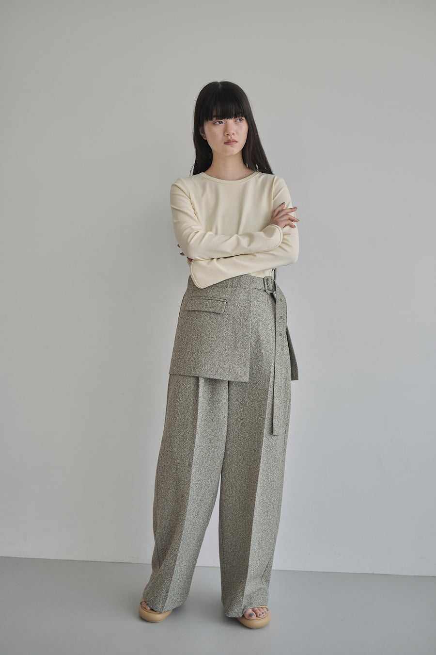 Belt Skirt Layered Nep Tuck Pants