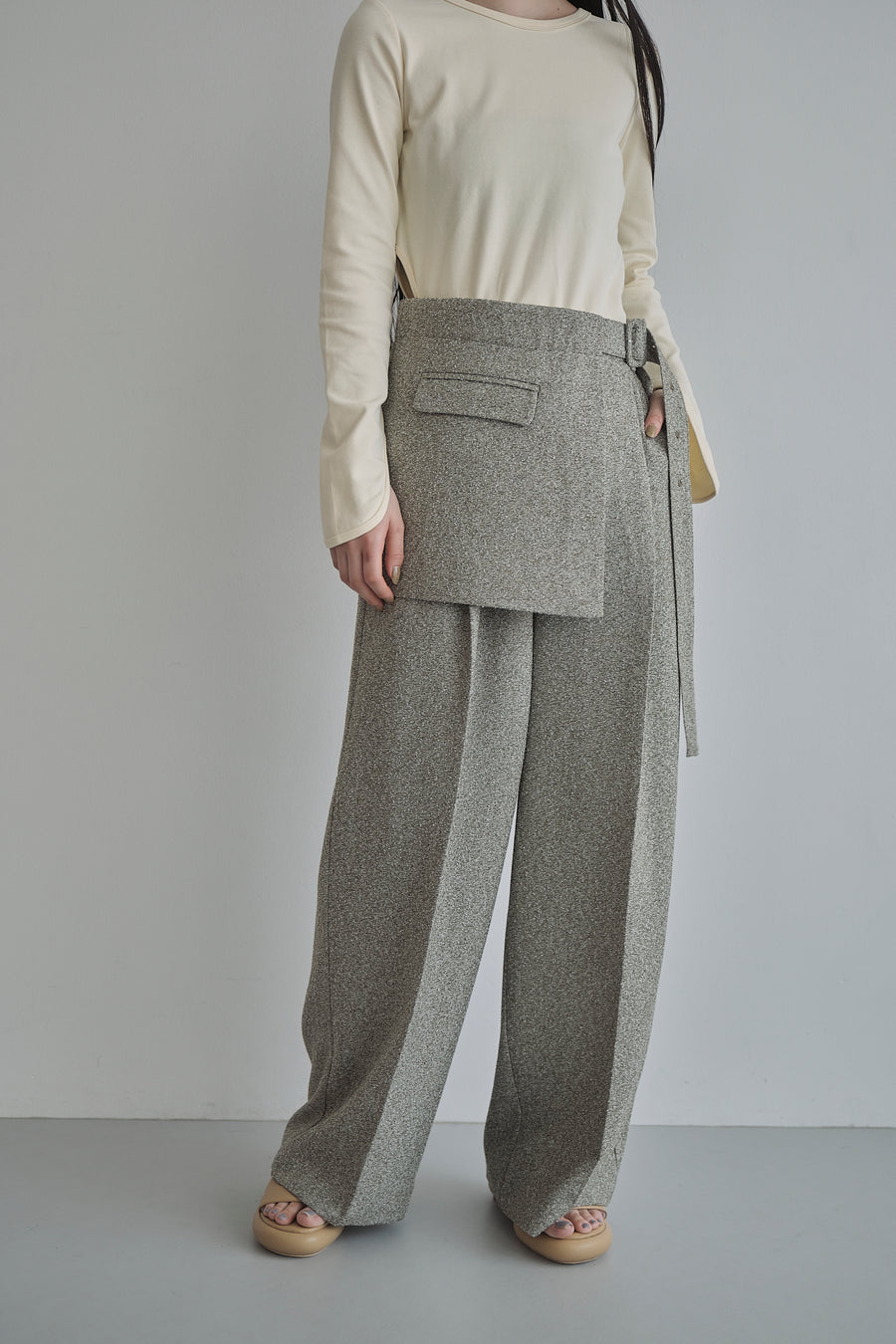 Belt Skirt Layered Nep Tuck Pants