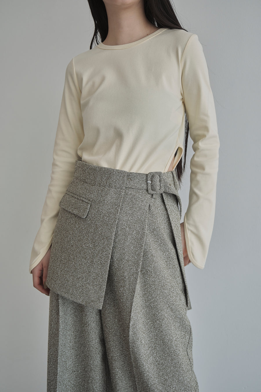 Belt Skirt Layered Nep Tuck Pants