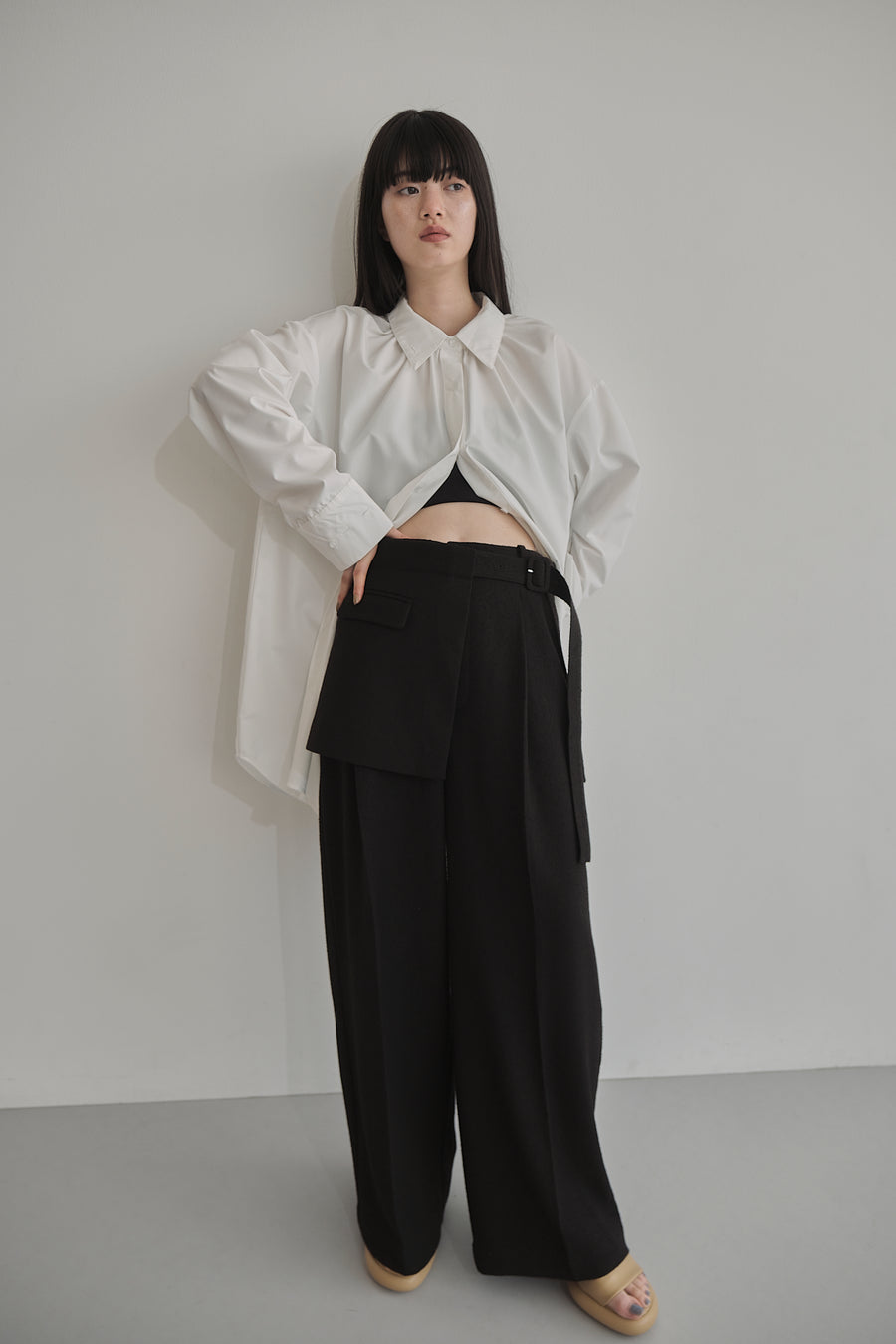 Belt Skirt Layered Nep Tuck Pants