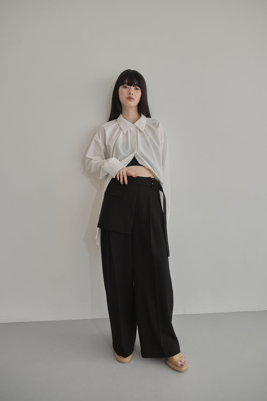 Belt Skirt Layered Nep Tuck Pants