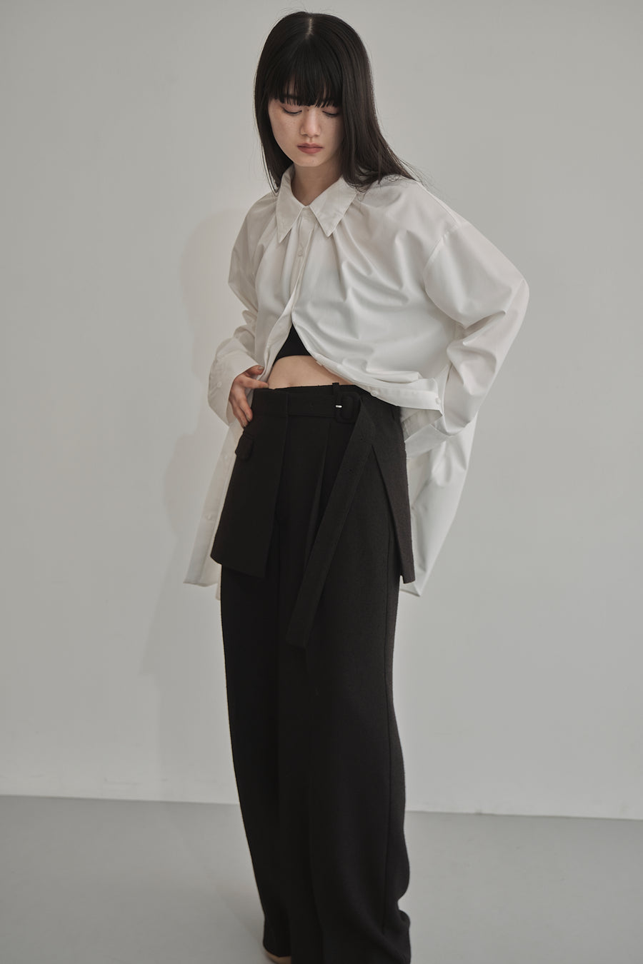 Belt Skirt Layered Nep Tuck Pants